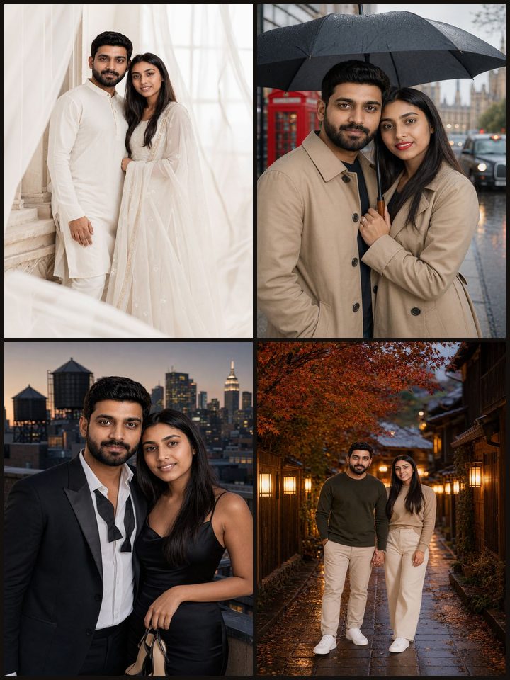 The same couple as a Rajasthani palace portrait